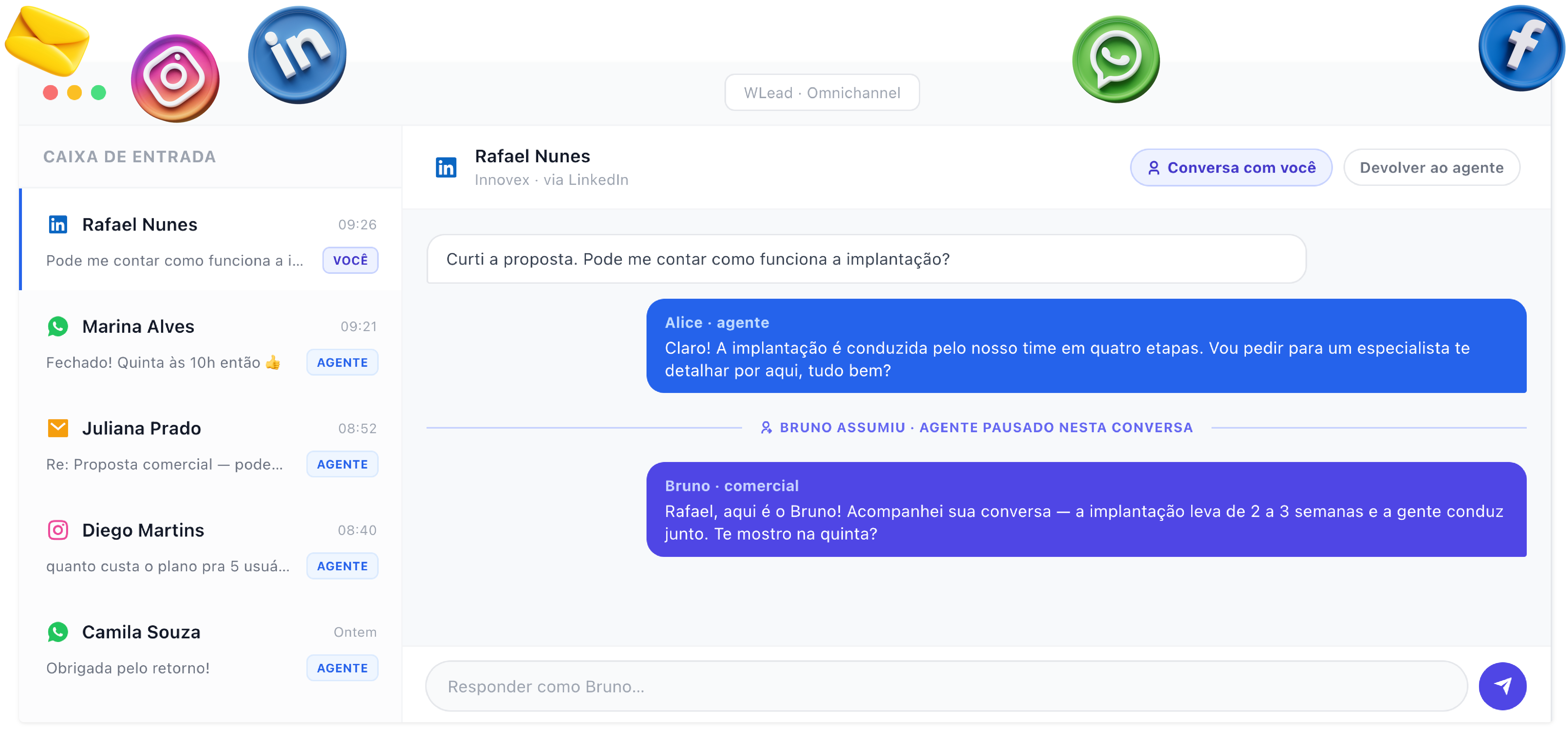 Central omnichannel do WBudget: caixa de entrada multicanal, conversa com a proposta enviada e o contexto do CRM ao lado